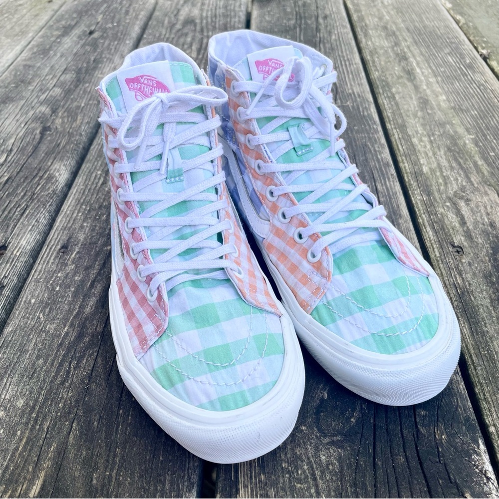 Vans White and Green High-Top Sneakers